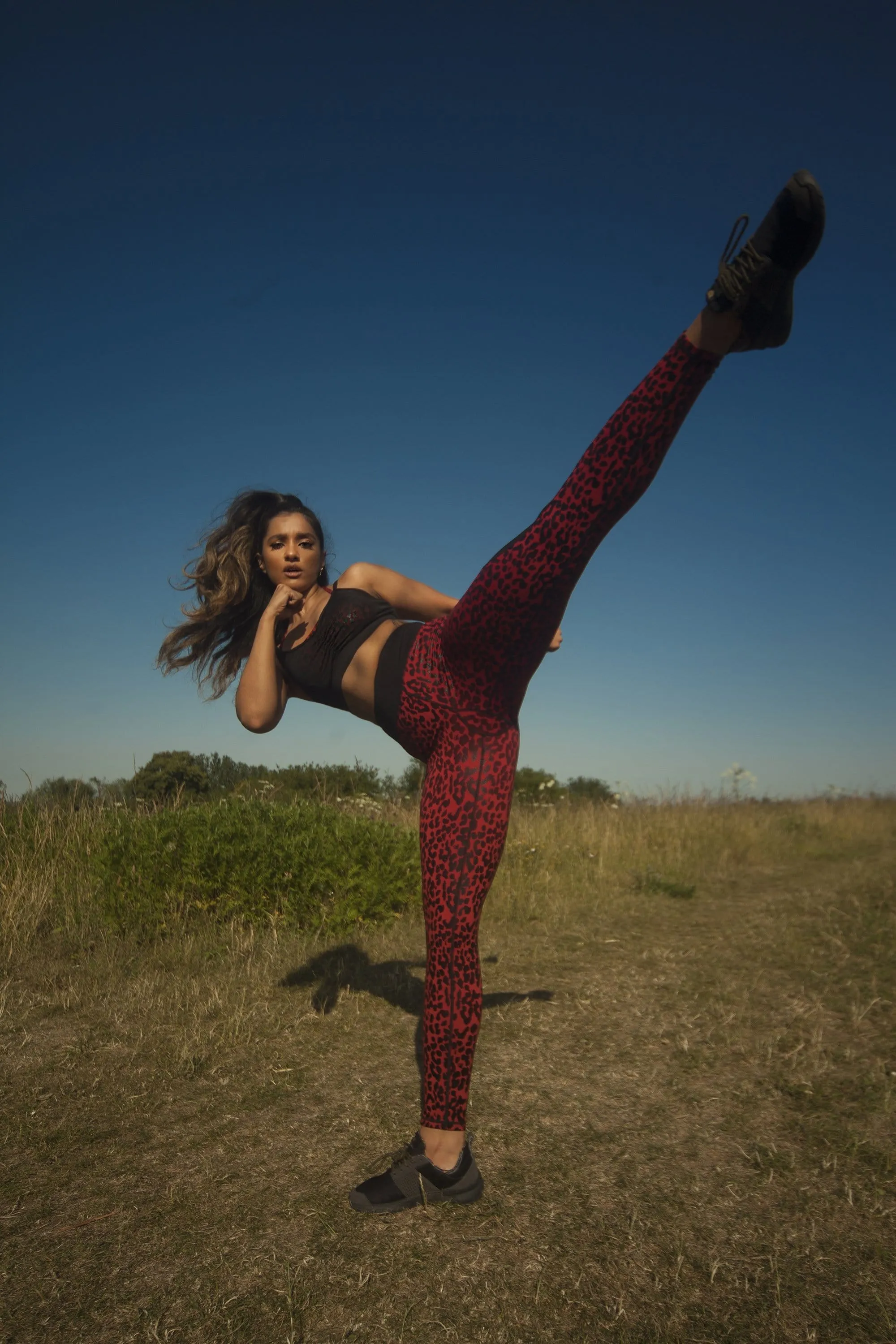 Dark Red and Black Leopard Wet Look Sports Bra