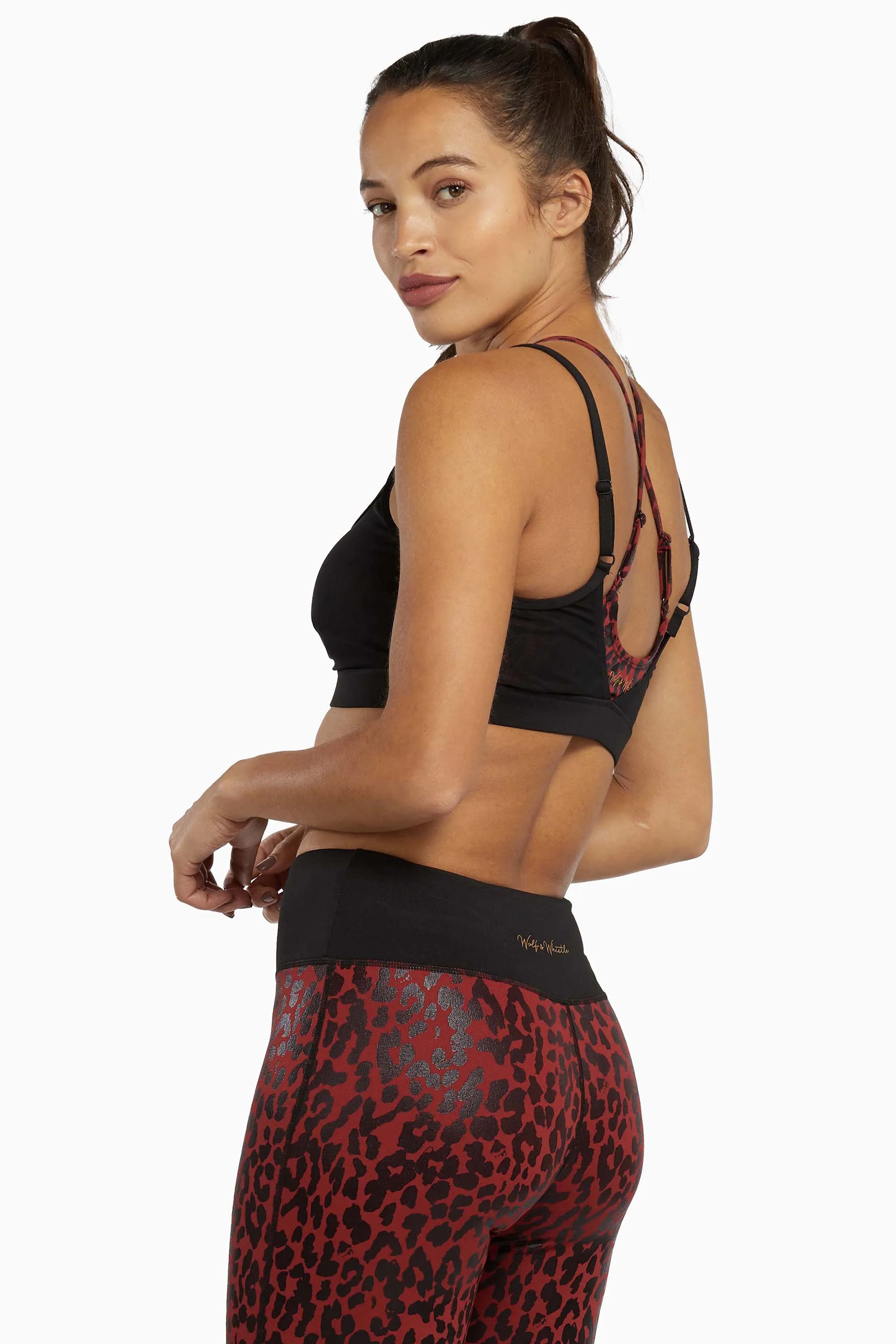 Dark Red and Black Leopard Wet Look Sports Bra