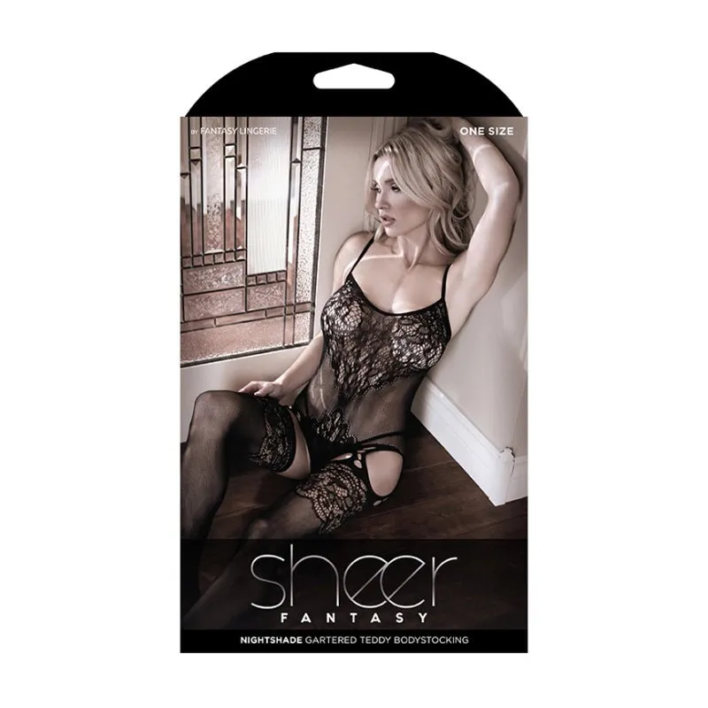 Fantasy Lingerie Sheer Nightshade Gartered Teddy Bodystocking Black O/S