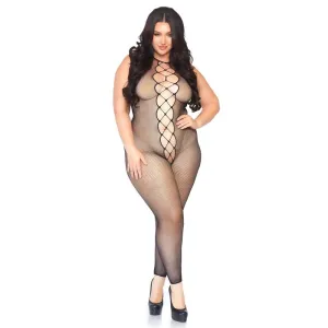 Fishnet footless bodystocking with faux back lace up.