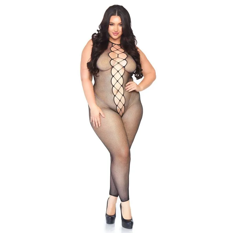 Fishnet footless bodystocking with faux back lace up.