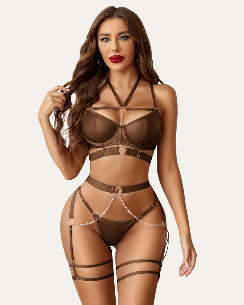 Leather Push Up Bra Panty Set with Chain (DE Only)