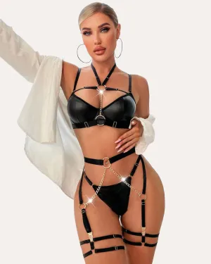 Leather Push Up Bra Panty Set with Chain (DE Only)