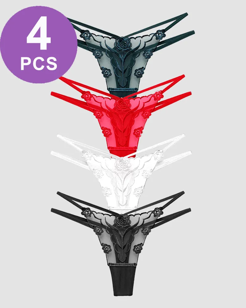 Rose Embroidery Thong Mesh Panties
