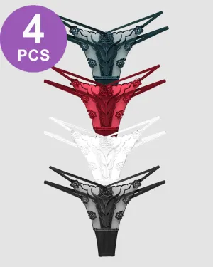Rose Embroidery Thong Mesh Panties