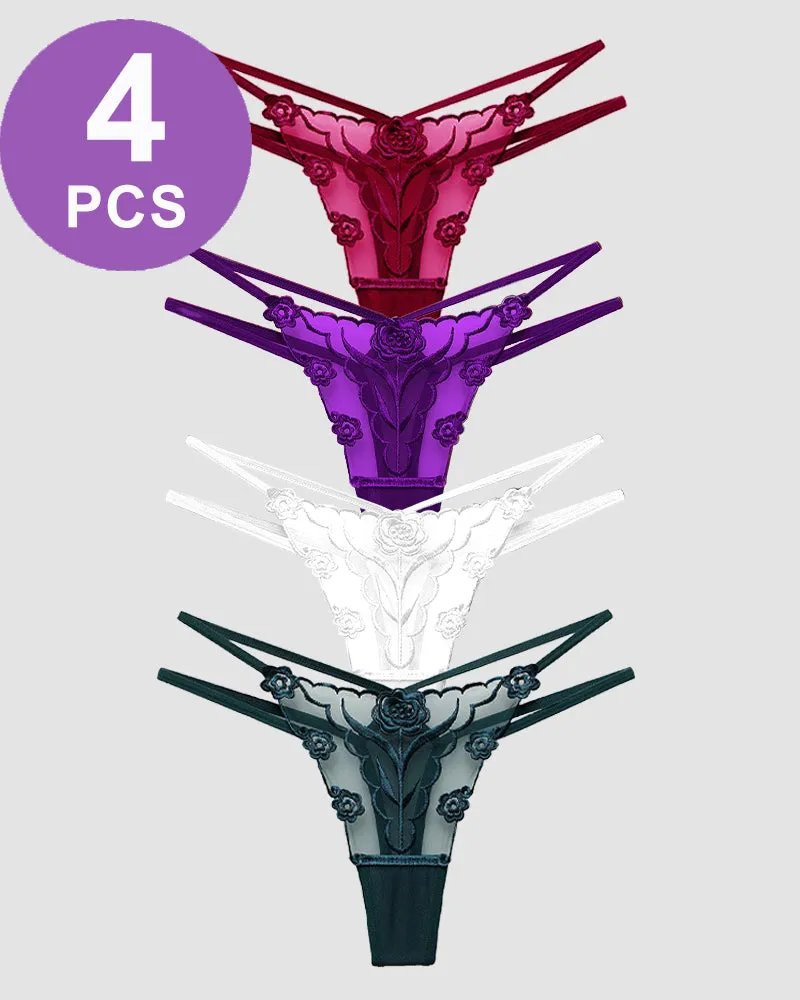 Rose Embroidery Thong Mesh Panties