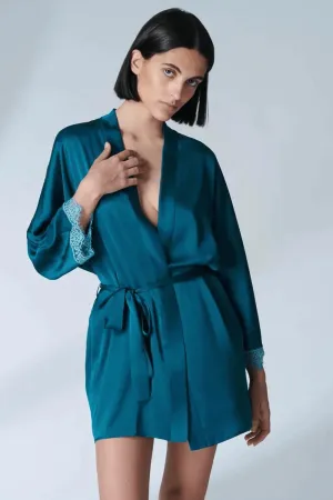 Satin Secrets Kimono in Cyan Blue. Size L (UK 12-14)