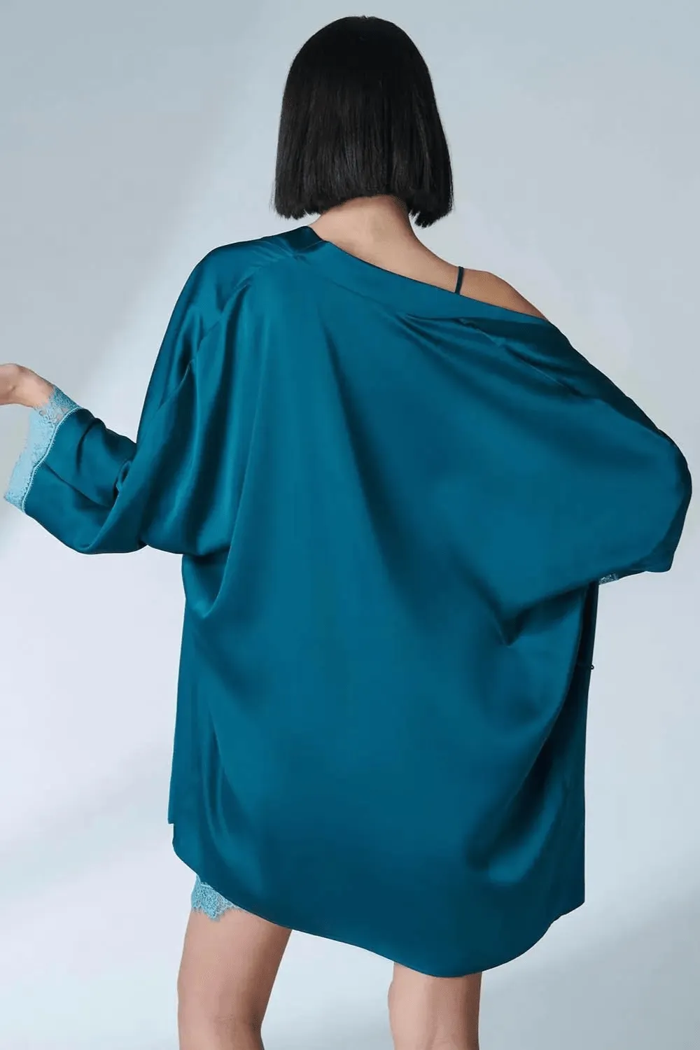 Satin Secrets Kimono in Cyan Blue. Size L (UK 12-14)