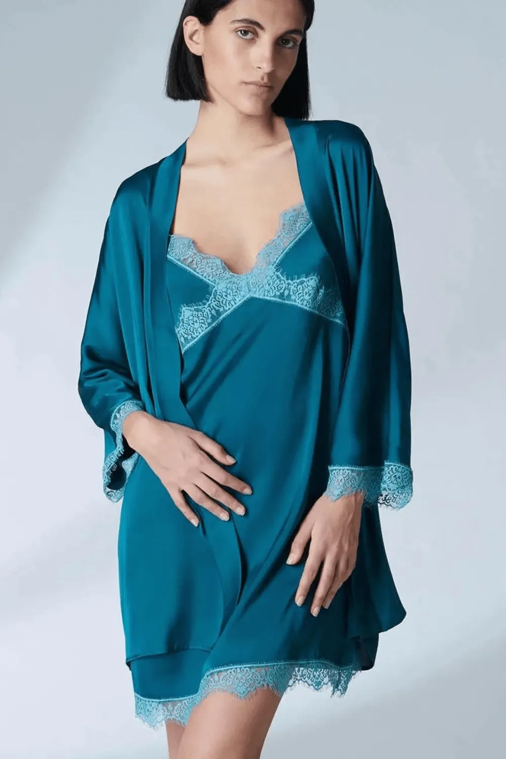 Satin Secrets Kimono in Cyan Blue. Size L (UK 12-14)