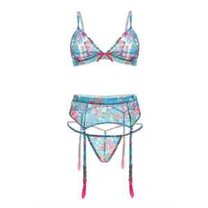 Turquoise Seas Floral Mesh Bralette Garter Belt and G String M/L