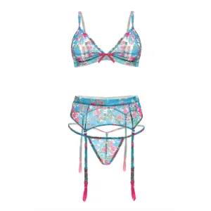 Turquoise Seas Floral Mesh Bralette Garter Belt and G String S/M