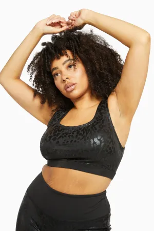 Wet Look Leopard Black Sports Bra Curve